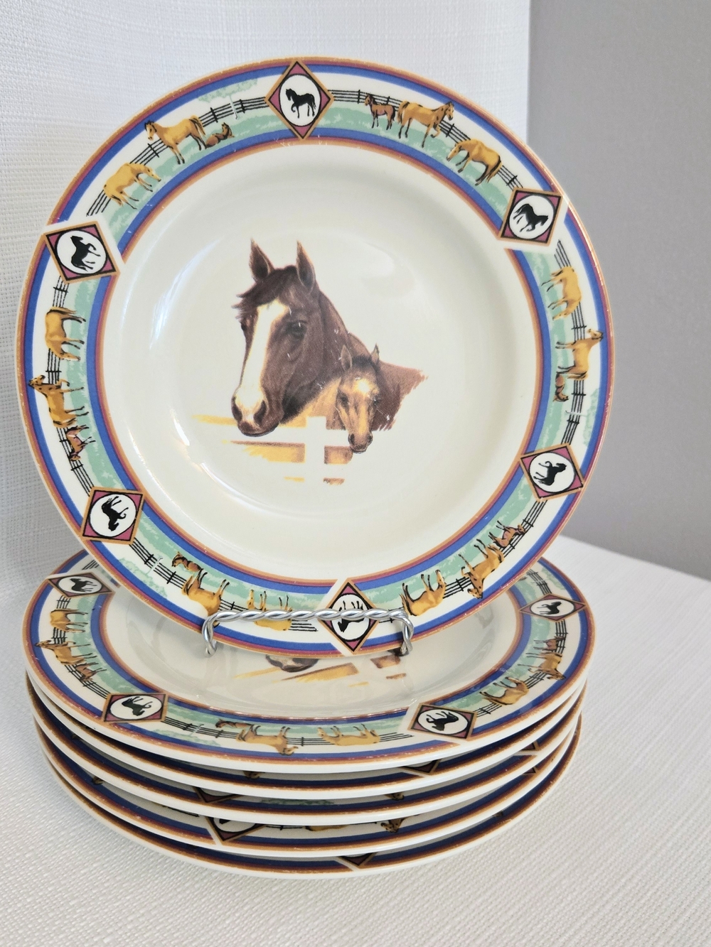 Cedar Valley Stable Horse Salad Plates  6 Set Folkcraft Ranch Equestrian Ranch